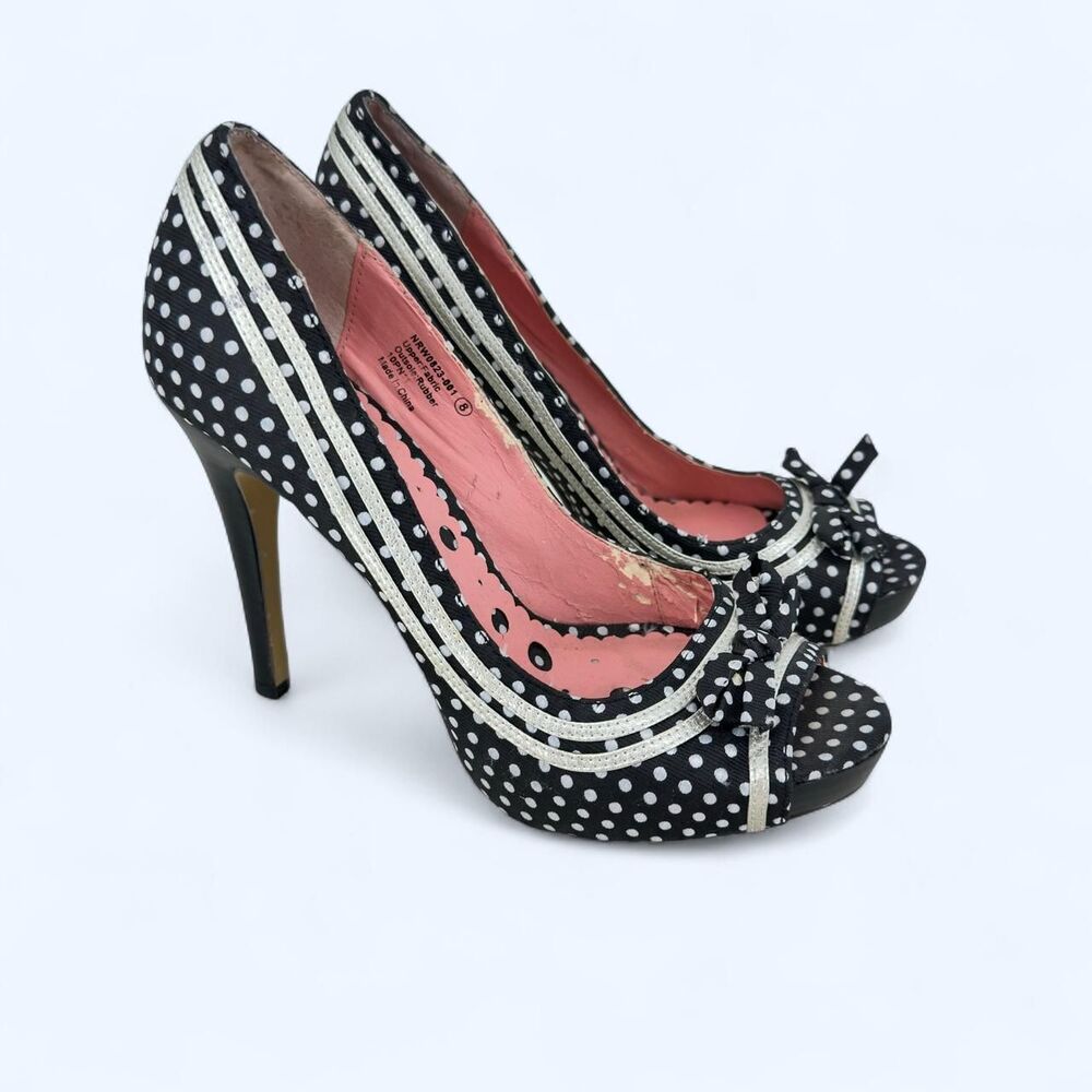 Not Rated Polka Dot Peep Toe Silver Trim Bow Heels Size 8
